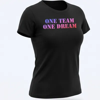 Bold gradient Team Spirit t-shirt with ONE TEAM ONE DREAM text — printed on a women's shirt