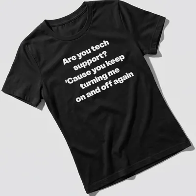 Humorous Tech Support t-shirt with bold printed text about turning devices on and off — printed on a women's shirt