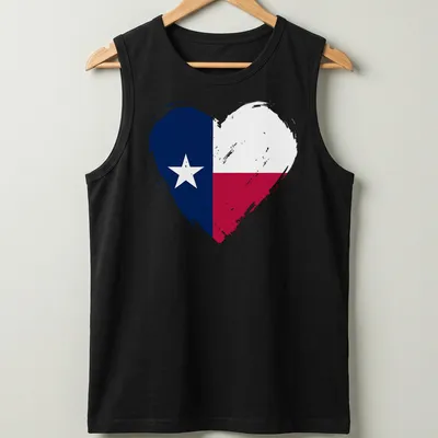 Distressed Texas flag heart T-shirt in blue, red, and white colors — printed on a tank top