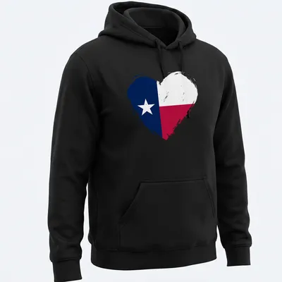 Distressed Texas flag heart T-shirt in blue, red, and white colors — printed on a unisex hoodie