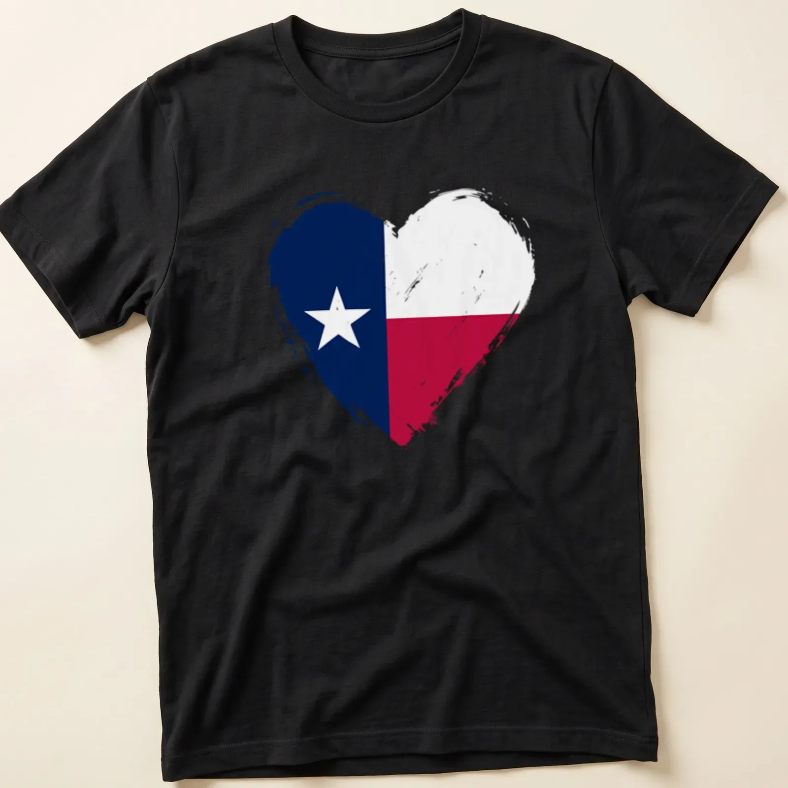 Distressed Texas flag heart T-shirt in blue, red, and white colors — printed on a unisex t-shirt