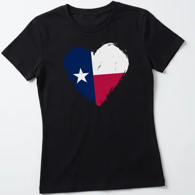 Distressed Texas flag heart T-shirt in blue, red, and white colors — printed on a women's shirt