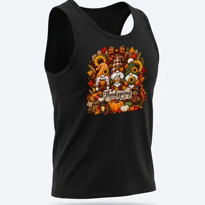Thanksgiving shirt featuring a gnome family with pumpkins and colorful script — printed on a tank top
