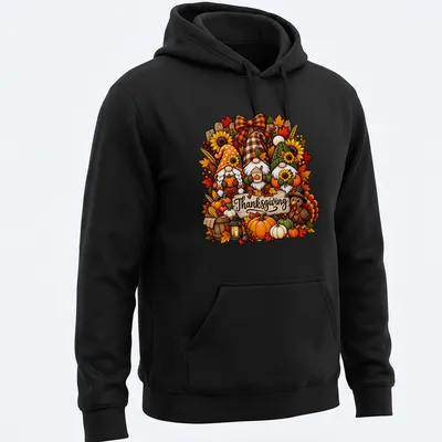 Thanksgiving shirt featuring a gnome family with pumpkins and colorful script — printed on a unisex hoodie