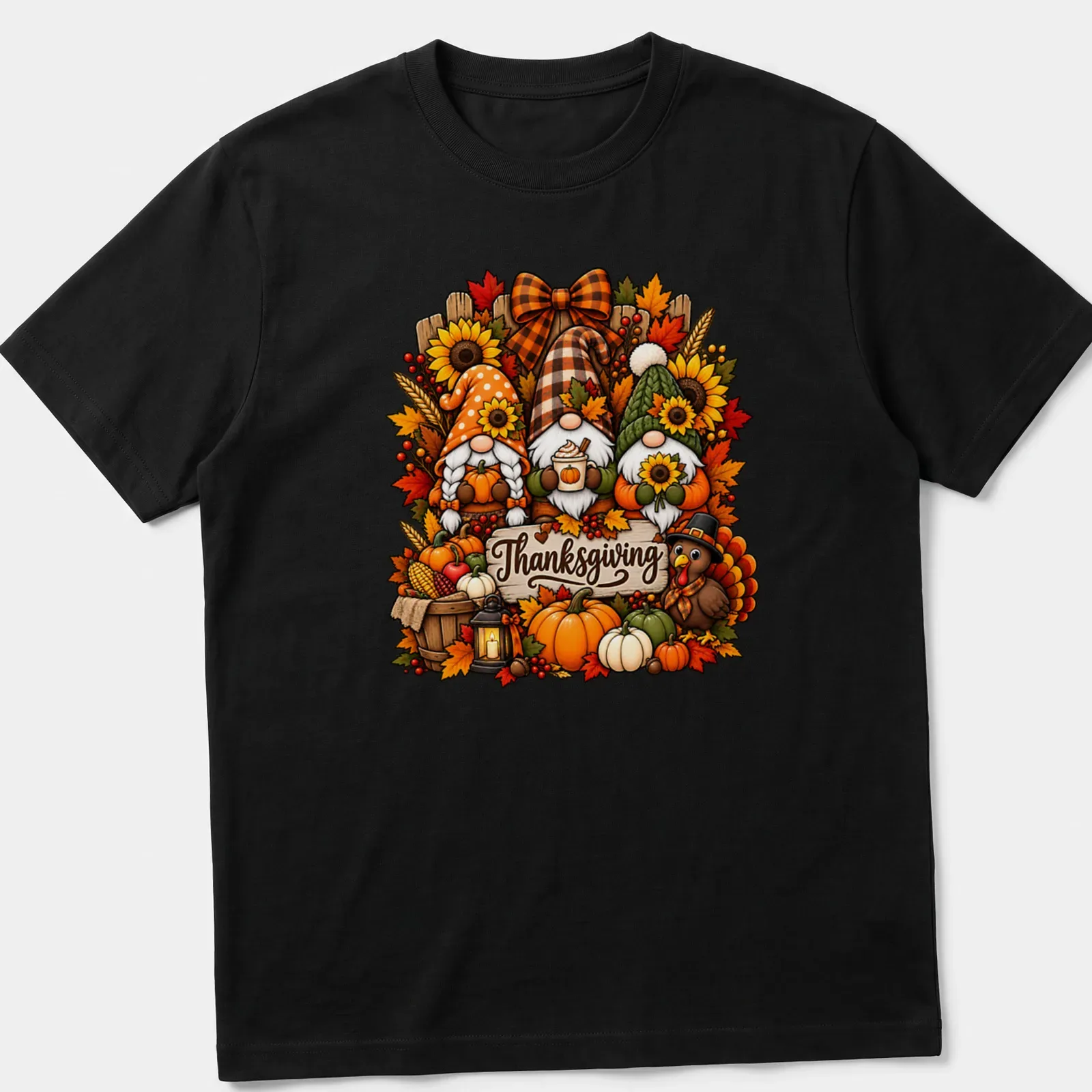 Thanksgiving shirt featuring a gnome family with pumpkins and colorful script — printed on a unisex t-shirt
