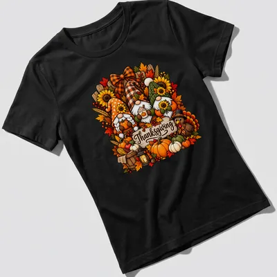 Thanksgiving shirt featuring a gnome family with pumpkins and colorful script — printed on a women's shirt