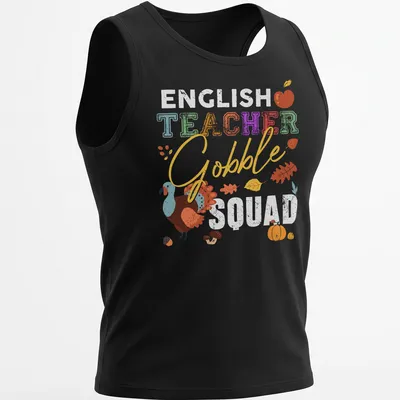 Colorful illustration of a turkey with 'TEACHER Gobble' text in playful font. — printed on a tank top