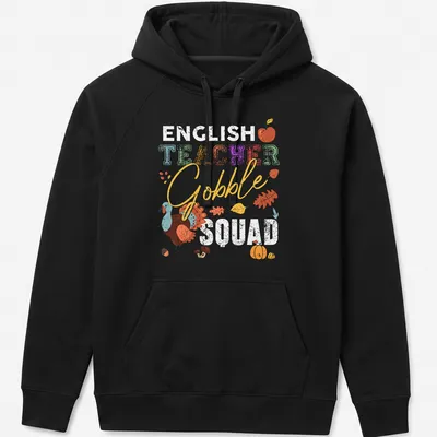 Colorful illustration of a turkey with 'TEACHER Gobble' text in playful font. — printed on a unisex hoodie