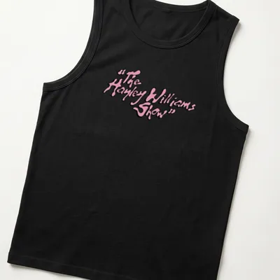 Playful script t-shirt featuring The Hayley Williams Show text in pink and white — printed on a tank top
