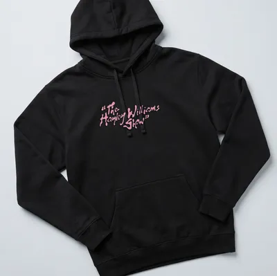 Playful script t-shirt featuring The Hayley Williams Show text in pink and white — printed on a unisex hoodie