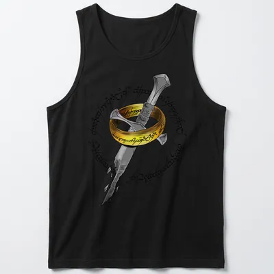 Cartoonish design featuring a sword and ring with Elvish script above the words Doodle The Ring. — printed on a tank top