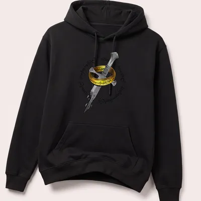 Cartoonish design featuring a sword and ring with Elvish script above the words Doodle The Ring. — printed on a unisex hoodie