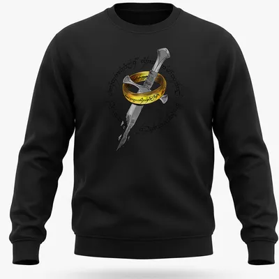Cartoonish design featuring a sword and ring with Elvish script above the words Doodle The Ring. — printed on a unisex sweatshirt