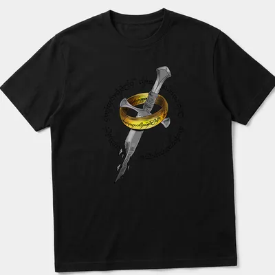 Cartoonish design featuring a sword and ring with Elvish script above the words Doodle The Ring.