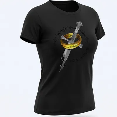 Cartoonish design featuring a sword and ring with Elvish script above the words Doodle The Ring. — printed on a women's shirt