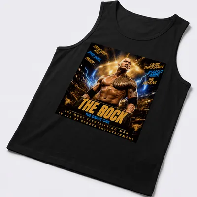 Bold graphic tee featuring The Rock with humorous wrestling quotes in gold, black, blue, and white. — printed on a tank top