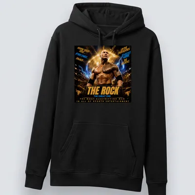 Bold graphic tee featuring The Rock with humorous wrestling quotes in gold, black, blue, and white. — printed on a unisex hoodie