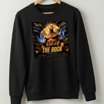 Bold graphic tee featuring The Rock with humorous wrestling quotes in gold, black, blue, and white. — printed on a unisex sweatshirt
