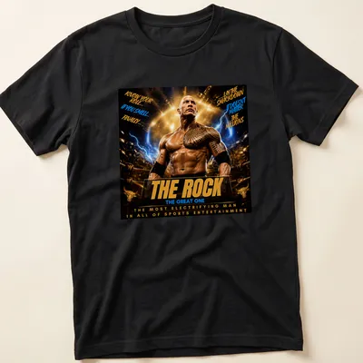 Bold graphic tee featuring The Rock with humorous wrestling quotes in gold, black, blue, and white.