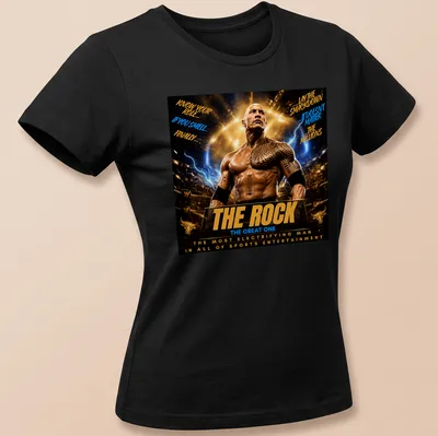 Bold graphic tee featuring The Rock with humorous wrestling quotes in gold, black, blue, and white. — printed on a women's shirt