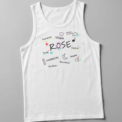 Playful doodle-style t-shirt featuring The Rose's tracklist in colorful text — printed on a tank top