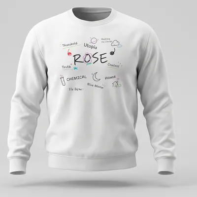 Playful doodle-style t-shirt featuring The Rose's tracklist in colorful text — printed on a unisex sweatshirt