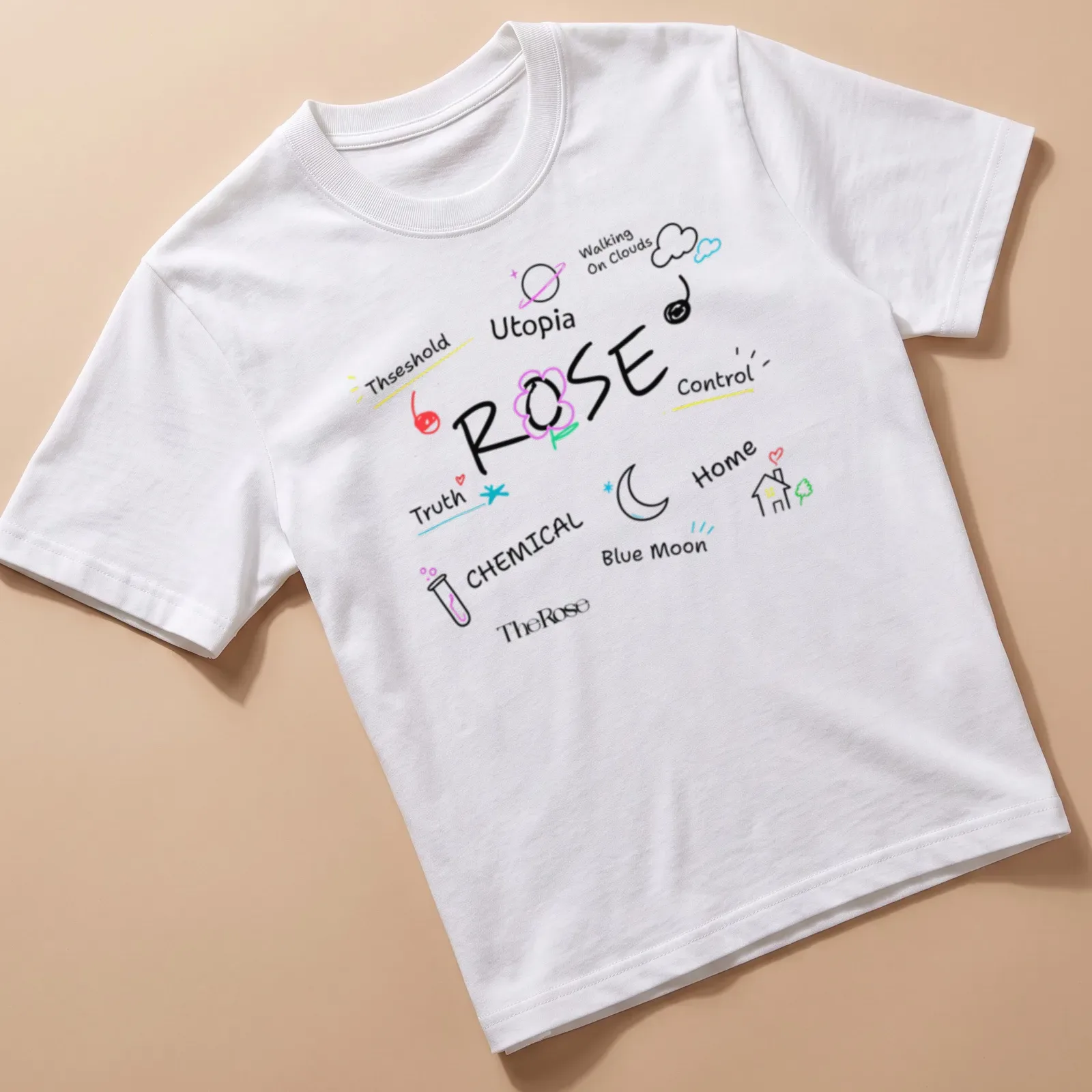 Playful doodle-style t-shirt featuring The Rose's tracklist in colorful text — printed on a unisex t-shirt
