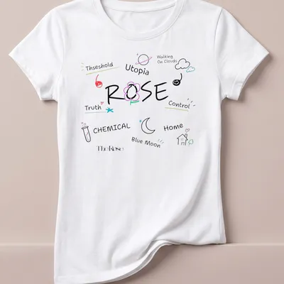 Playful doodle-style t-shirt featuring The Rose's tracklist in colorful text — printed on a women's shirt