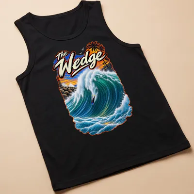 Vibrant illustration of a bodyboarder riding a big wave with The Wedge text — printed on a tank top