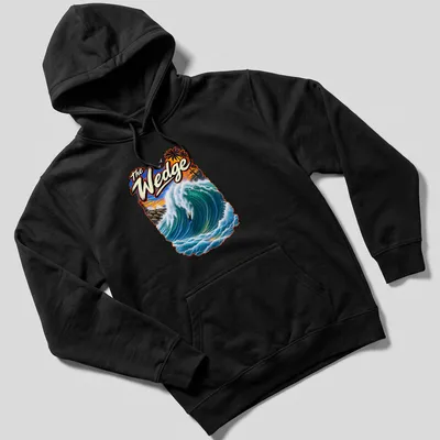 Vibrant illustration of a bodyboarder riding a big wave with The Wedge text — printed on a unisex hoodie