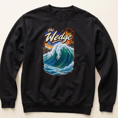 Vibrant illustration of a bodyboarder riding a big wave with The Wedge text — printed on a unisex sweatshirt