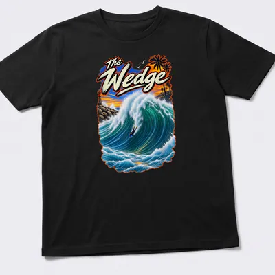 Vibrant illustration of a bodyboarder riding a big wave with The Wedge text