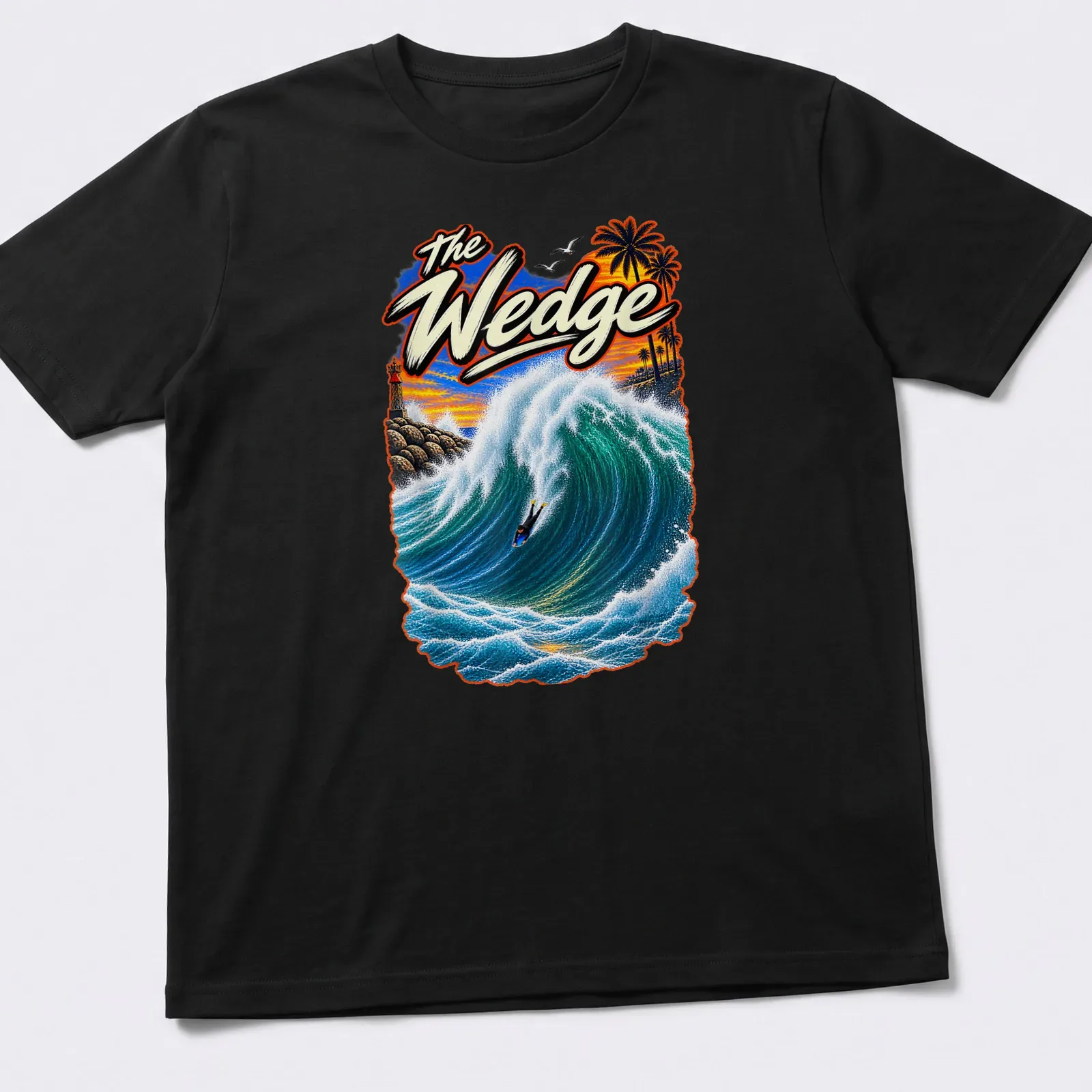 Vibrant illustration of a bodyboarder riding a big wave with The Wedge text — printed on a unisex t-shirt