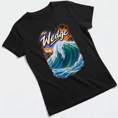 Vibrant illustration of a bodyboarder riding a big wave with The Wedge text — printed on a women's shirt