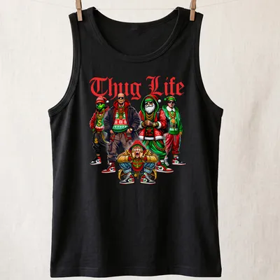 Cartoon gangsters in Christmas hats with 'Thug Life' text in vibrant colors — printed on a tank top
