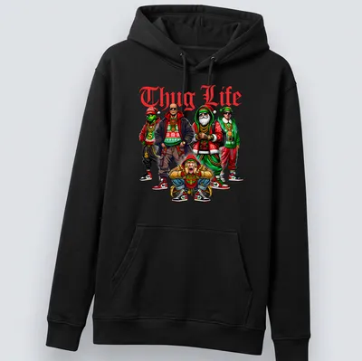 Cartoon gangsters in Christmas hats with 'Thug Life' text in vibrant colors — printed on a unisex hoodie