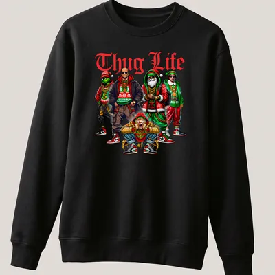Cartoon gangsters in Christmas hats with 'Thug Life' text in vibrant colors — printed on a unisex sweatshirt