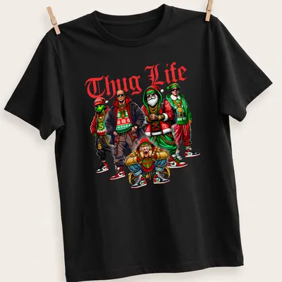 Cartoon gangsters in Christmas hats with 'Thug Life' text in vibrant colors