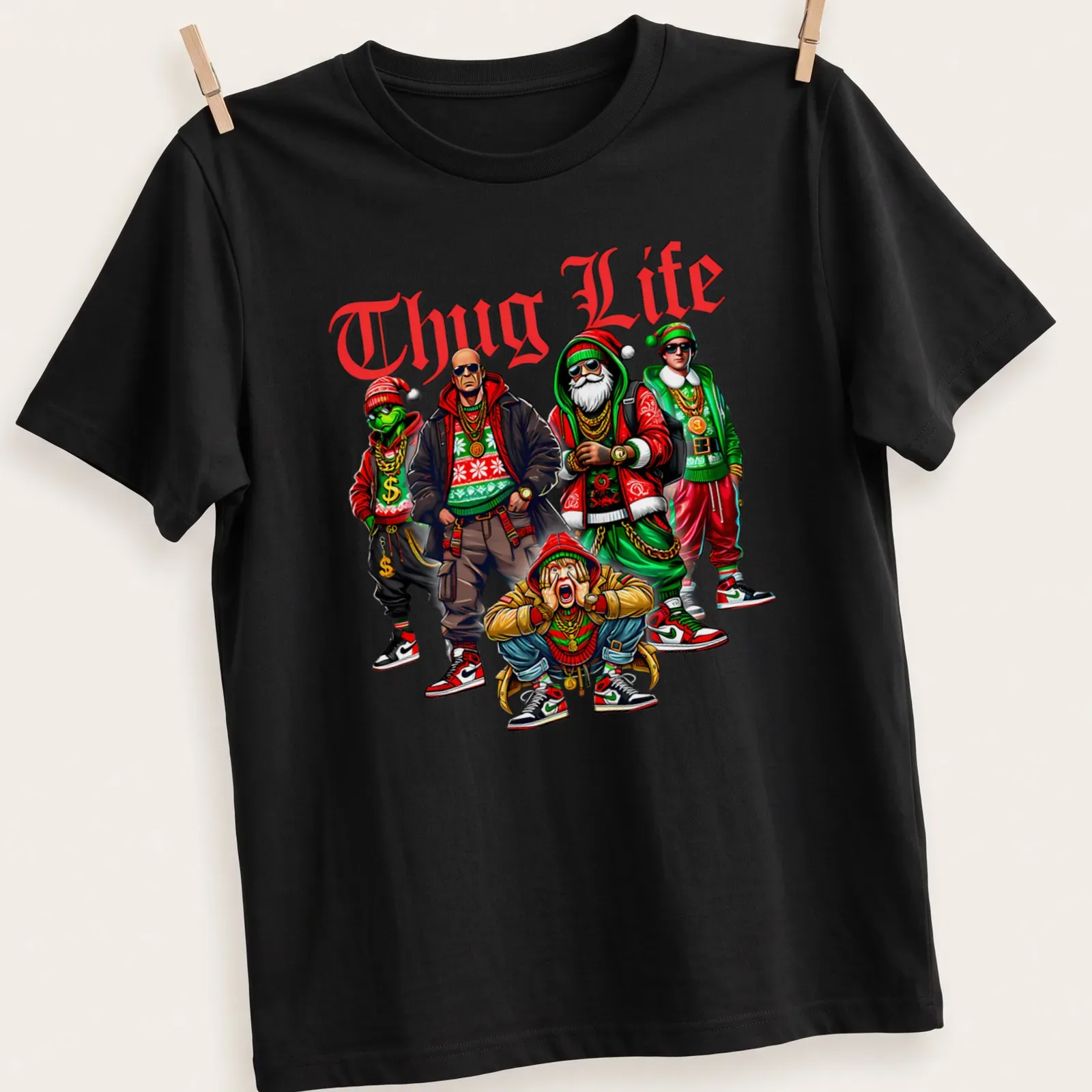 Cartoon gangsters in Christmas hats with 'Thug Life' text in vibrant colors — printed on a unisex t-shirt