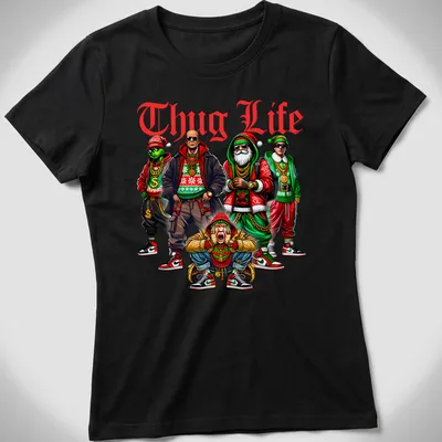 Cartoon gangsters in Christmas hats with 'Thug Life' text in vibrant colors — printed on a women's shirt