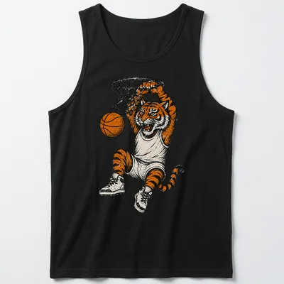 Retro vintage tiger dunking a basketball in orange, black, gray, and white — printed on a tank top