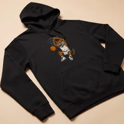 Retro vintage tiger dunking a basketball in orange, black, gray, and white — printed on a unisex hoodie