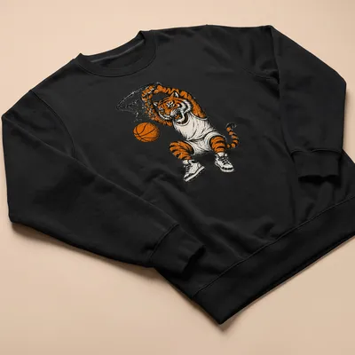 Retro vintage tiger dunking a basketball in orange, black, gray, and white — printed on a unisex sweatshirt