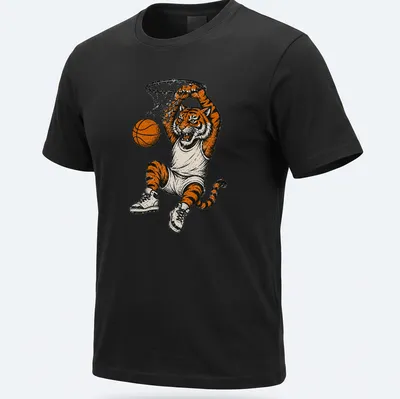 Retro vintage tiger dunking a basketball in orange, black, gray, and white