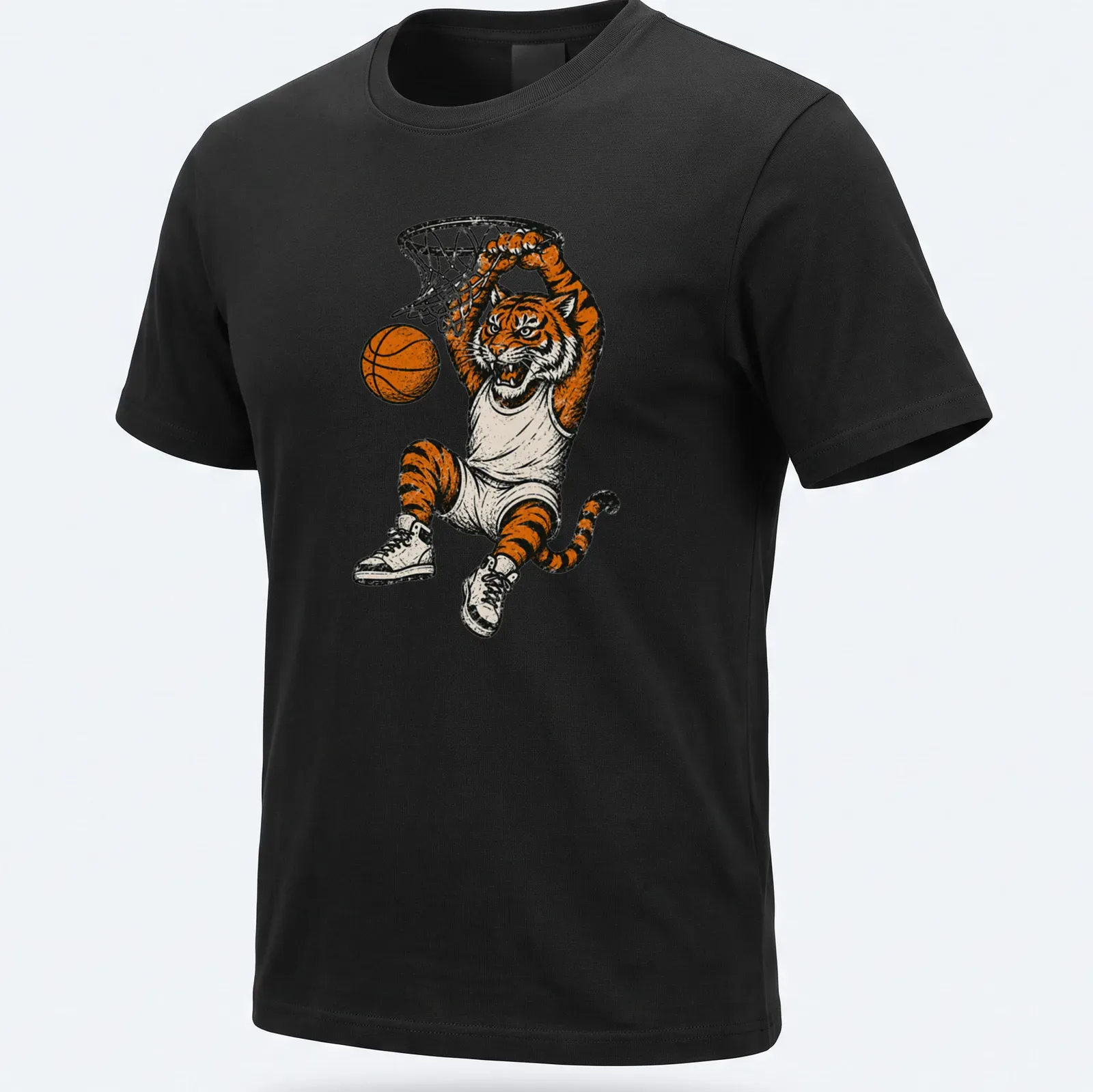 Retro vintage tiger dunking a basketball in orange, black, gray, and white — printed on a unisex t-shirt