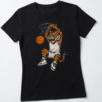 Retro vintage tiger dunking a basketball in orange, black, gray, and white — printed on a women's shirt