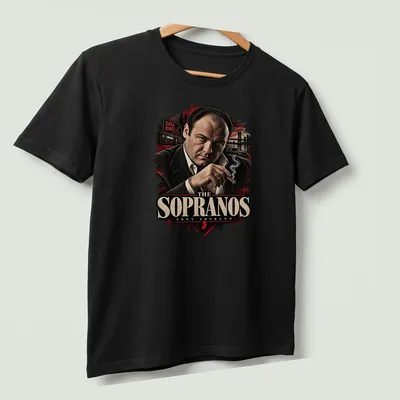 Vintage art print featuring Tony Soprano with text from The Sopranos. — printed on a unisex t-shirt (angled view)