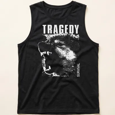 Bold white text 'TRAGEDY SURVIVAL' on a — printed on a tank top