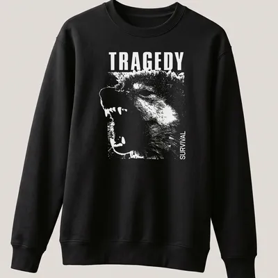 Bold white text 'TRAGEDY SURVIVAL' on a — printed on a unisex sweatshirt