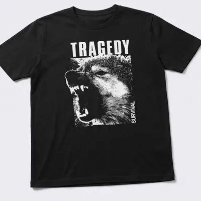 Bold white text 'TRAGEDY SURVIVAL' on a shirt